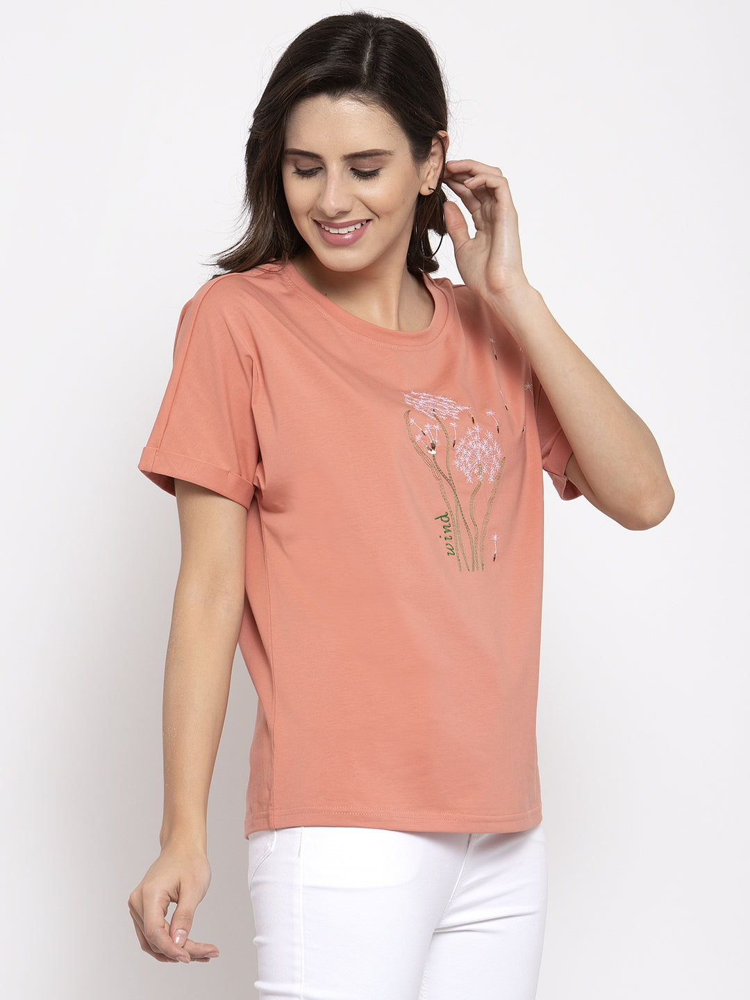 Women Printed Peach Round Neck T-Shirt