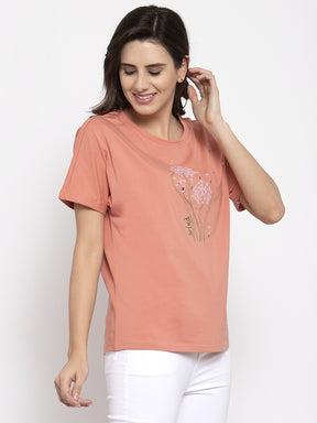 Women Printed Peach Round Neck T-Shirt