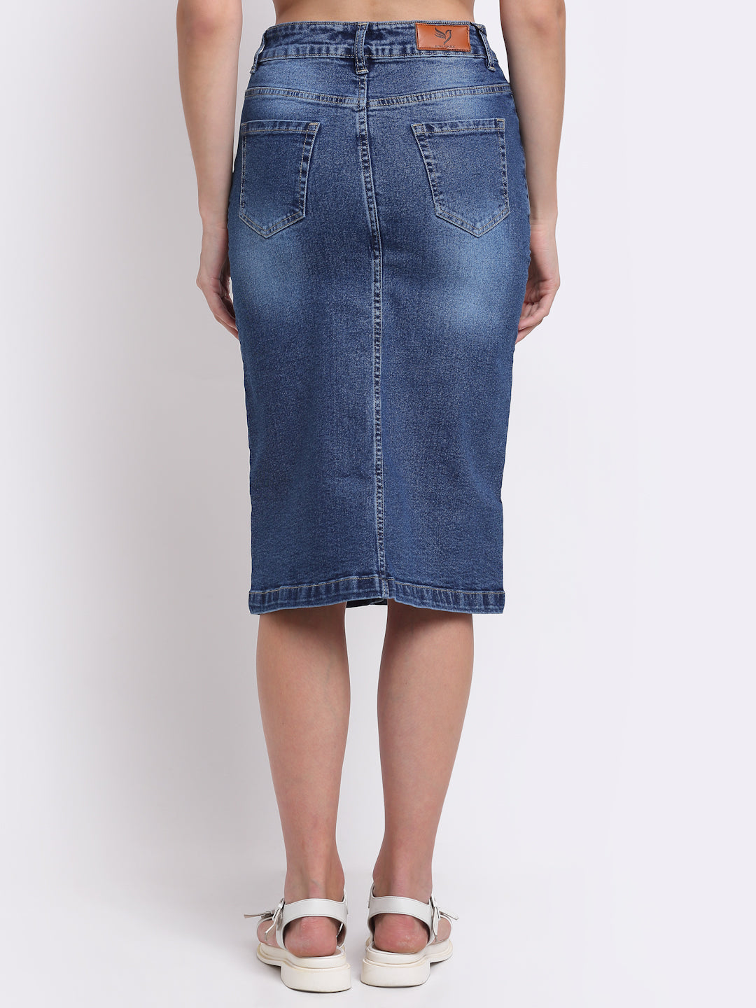 Women Blue Cotton Blend Solid knee length Skirt
