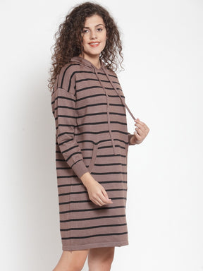 Women Striped Brown Hood Tunic