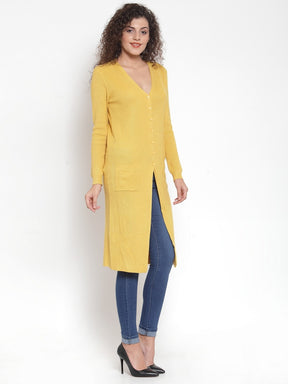 Women Solid Mustard V-Neck Coat