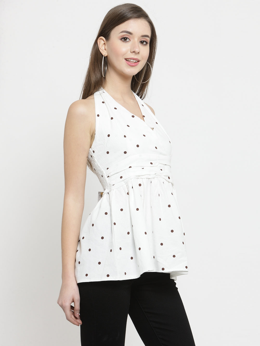 Women White Printed Top With Plunged Neckline