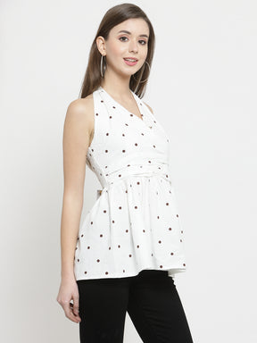 Women White Printed Top With Plunged Neckline
