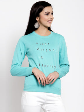 Women Printed Blue Round Neck Sweatshirt