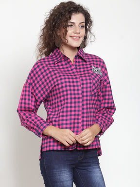 Women Pink Checked Shirt With Embroidered Cat