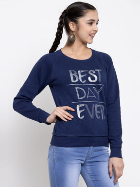 Women Printed Navy Blue Round Neck Sweatshirt