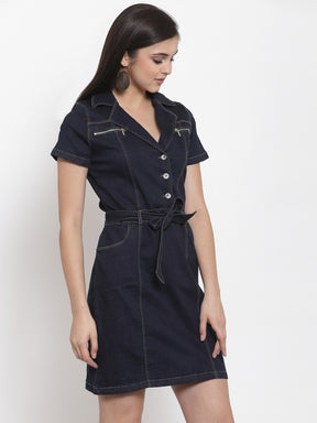 Women Denim Lapel Collar Dress