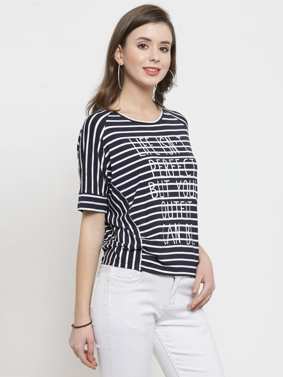 Women Navy Blue Striped Round Neck Regular Fit T-Shirts