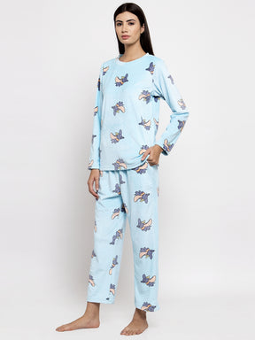 Women Blue Printed Round Neck Night Suit