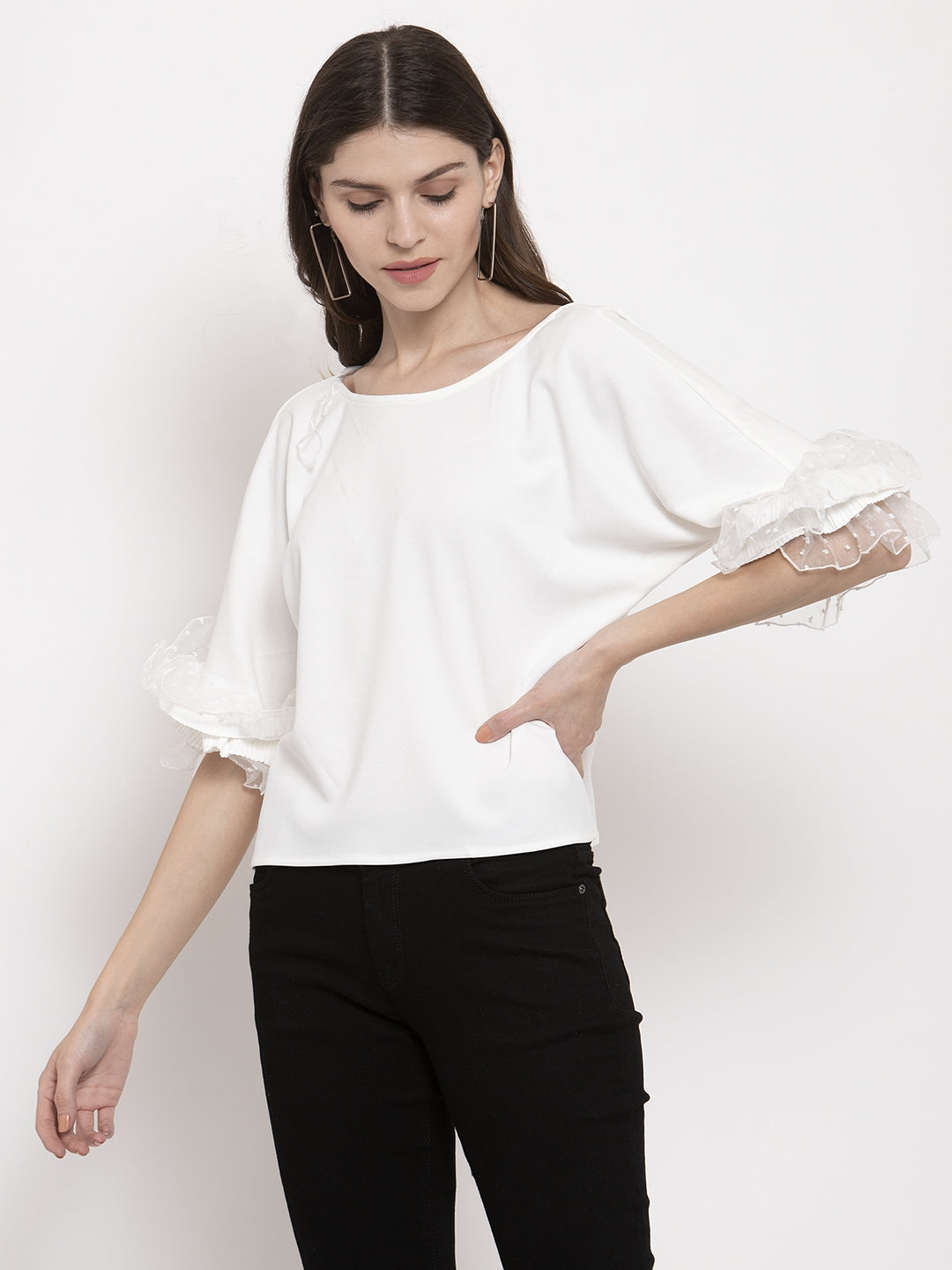 Women White Oval Neck Straight Fit Top