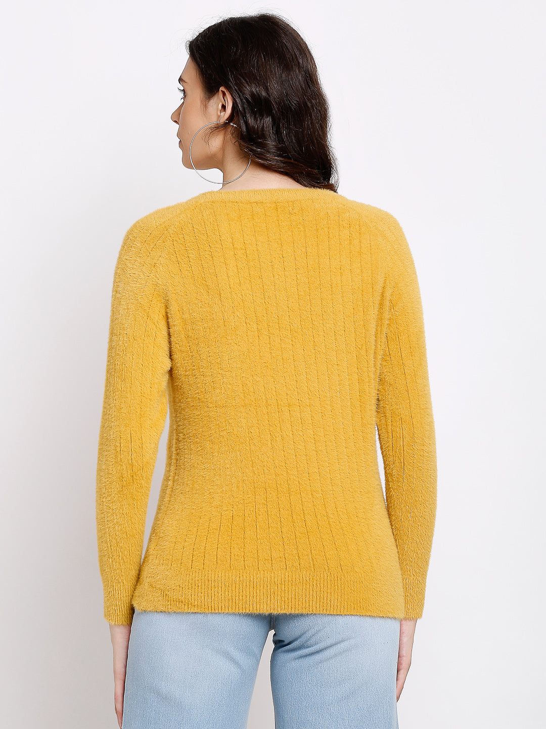 Women Mustard Knitted Solid Round Neck Pullover