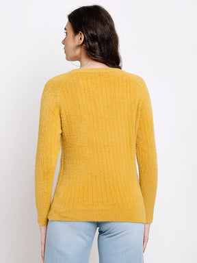 Women Mustard Knitted Solid Round Neck Pullover