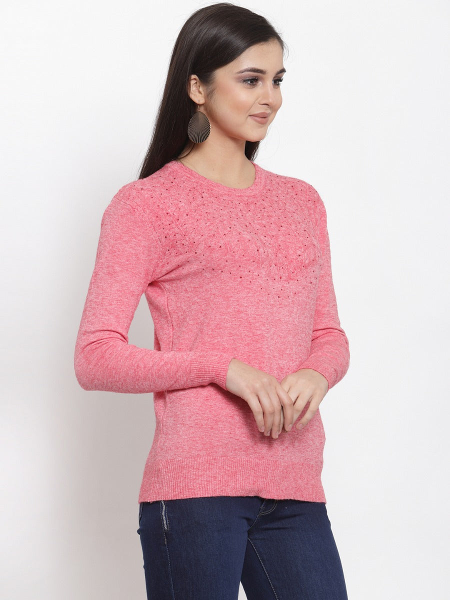 Women Solid Red Round Neck Pullover