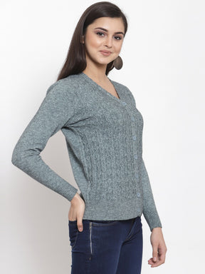 Women Solid Sage Green Woolen  V-Neck Cardigan