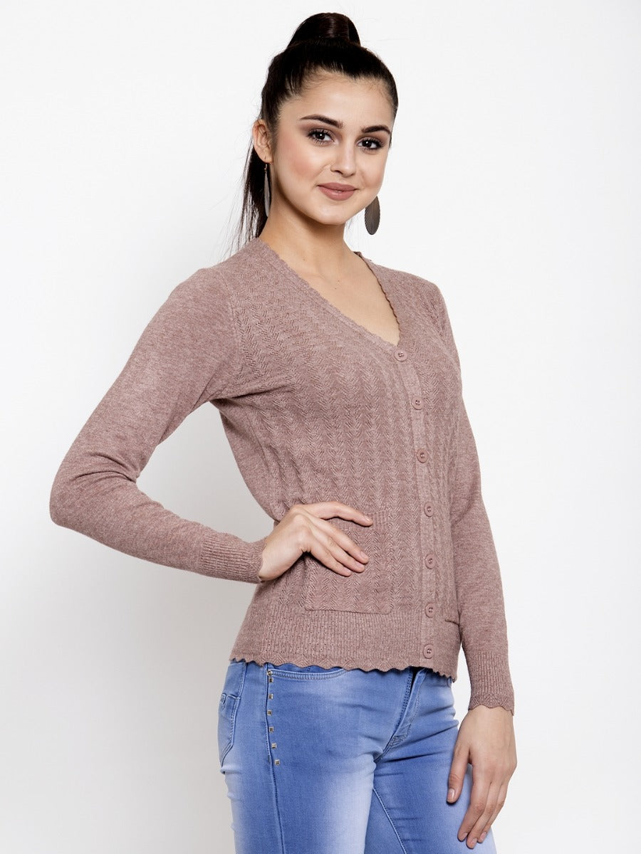 Women Solid Khaki V-Neck Cardigan