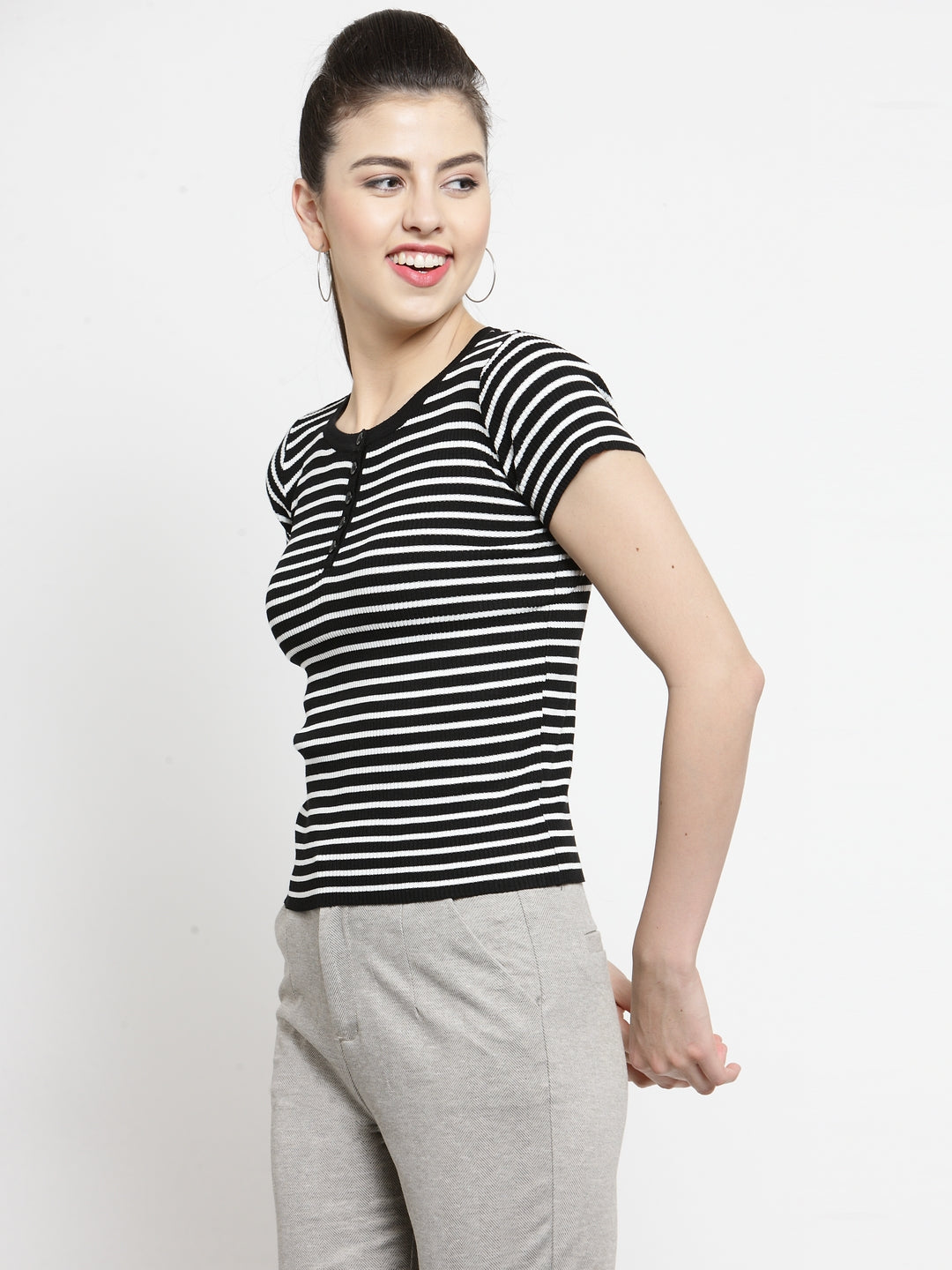 Women Striped Black Round Neck T-Shirt