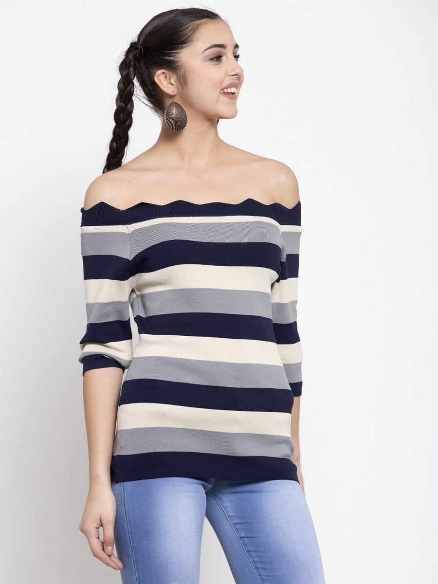 Women Striped Navy Blue Off-Shoulder T-Shirt
