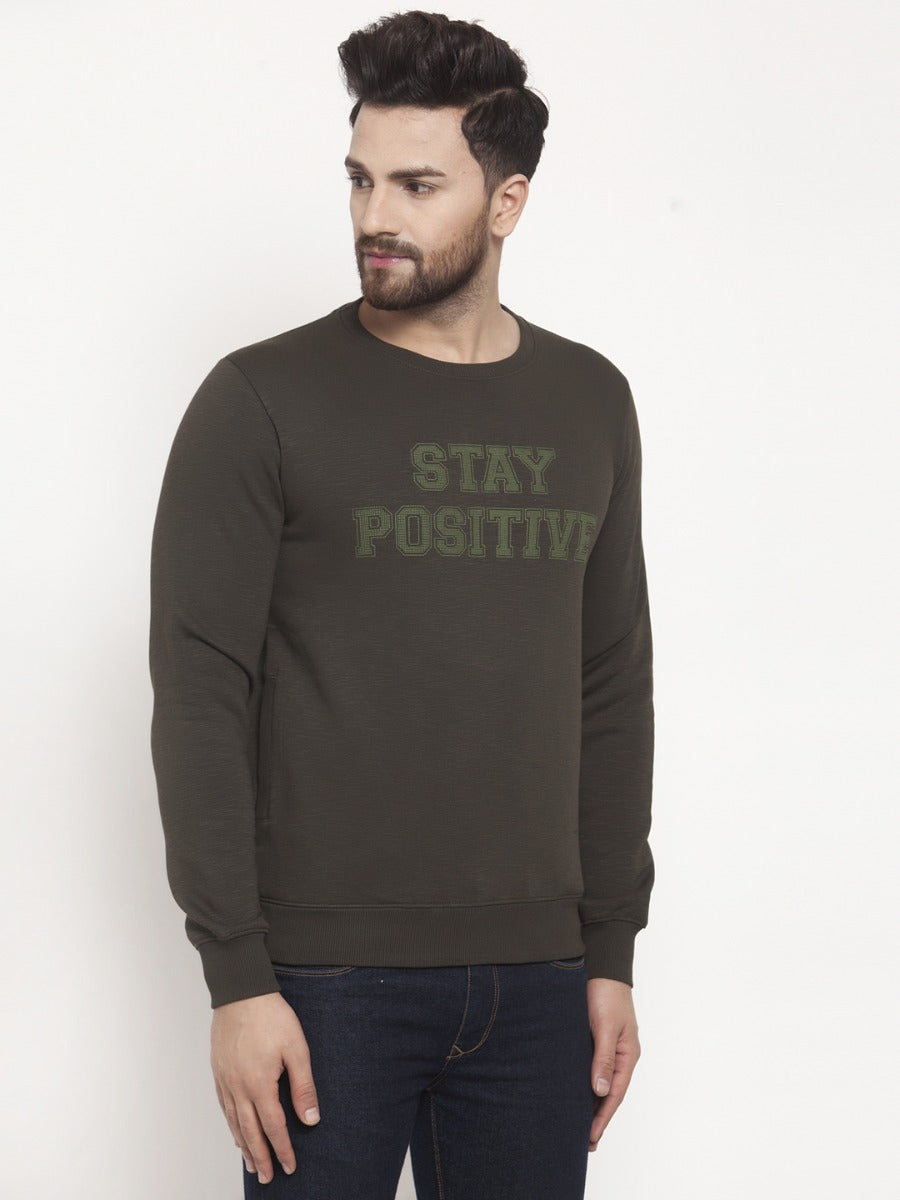 Mens Printed Olive Round Neck Sweat Shirt