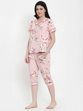 Women Pink Hosiery Printed Capri Night Suit