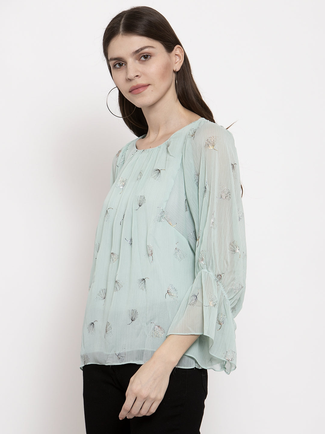 Women Green Floral Printed Flared Fit Top