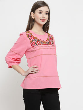 Women Printed Red Round Neck Top