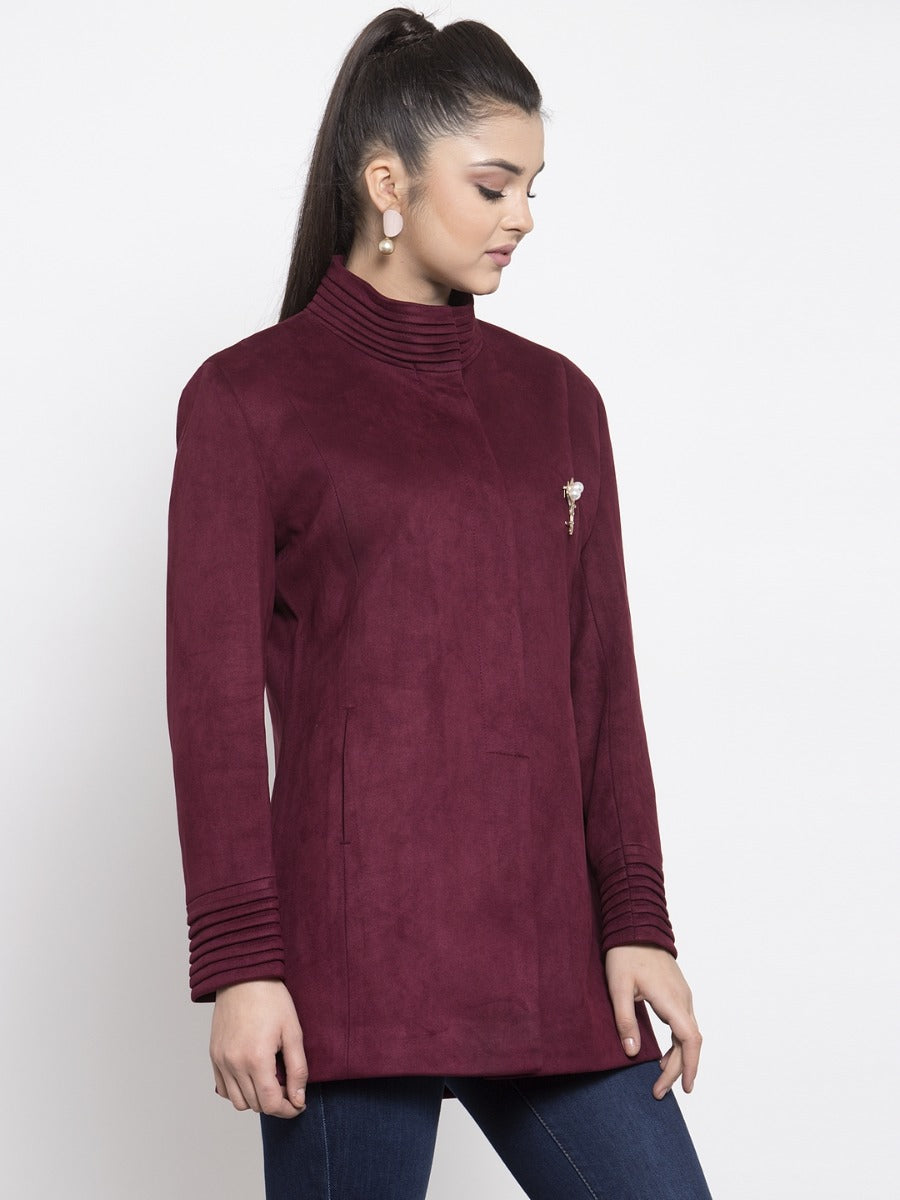 Women Solid Wine Faux Velvet Coat
