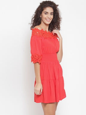 women red off shoulder dress with lace detail