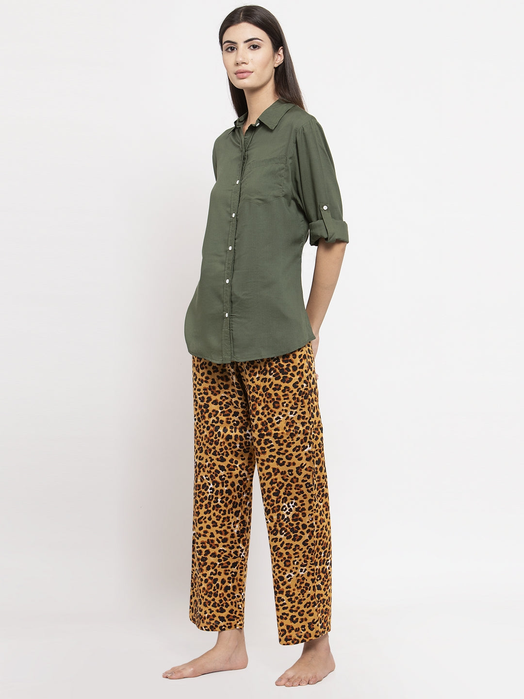 Women Olive Loose Fit Night Suit Set