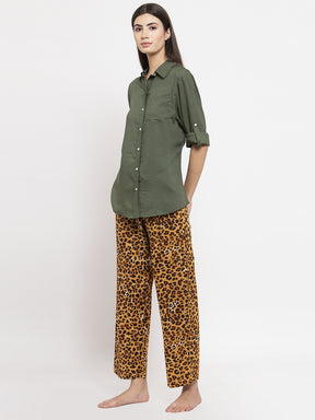 Women Olive Loose Fit Night Suit Set