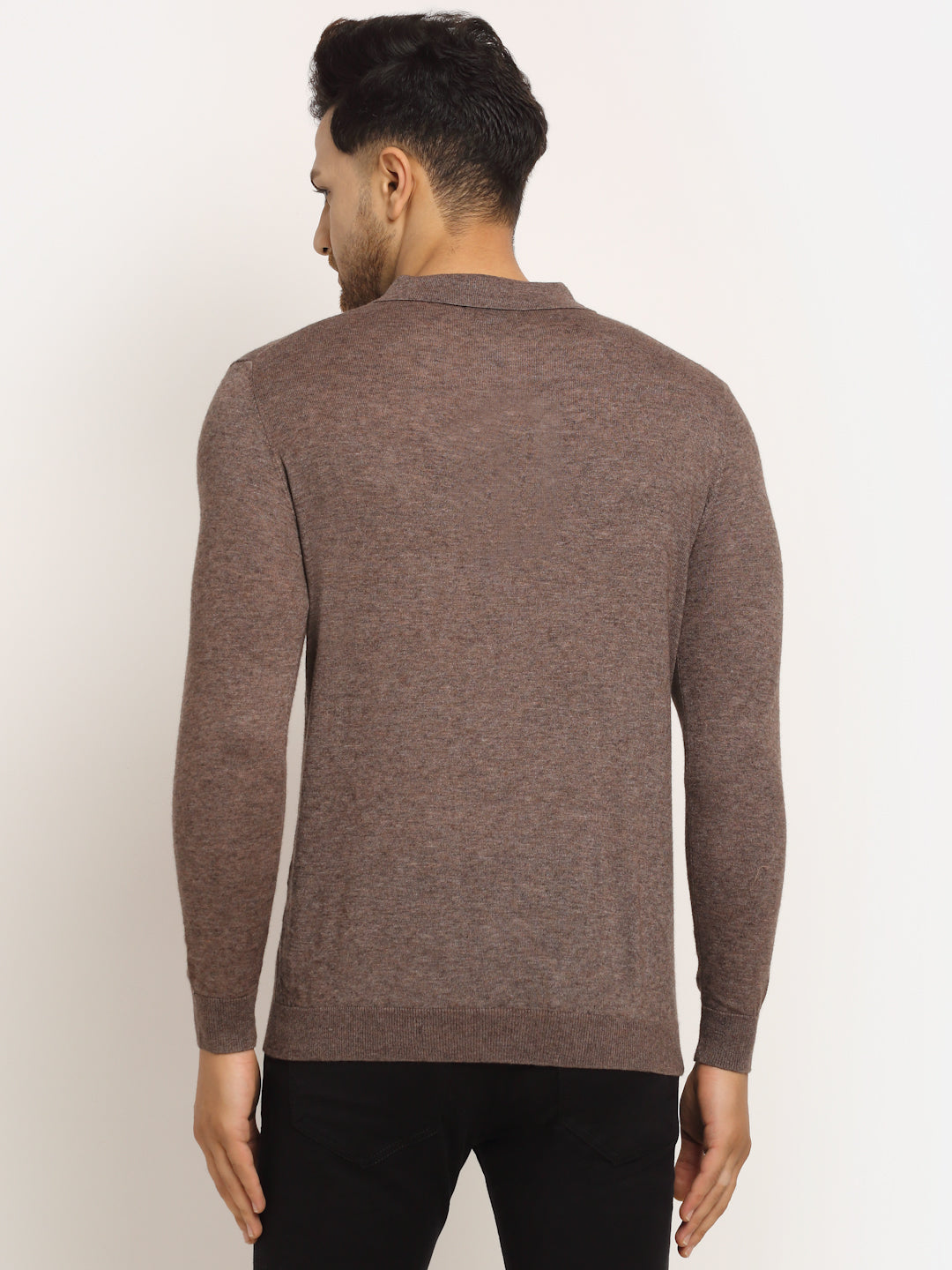 Men Brown Polo Neck Knit Solid Pullover