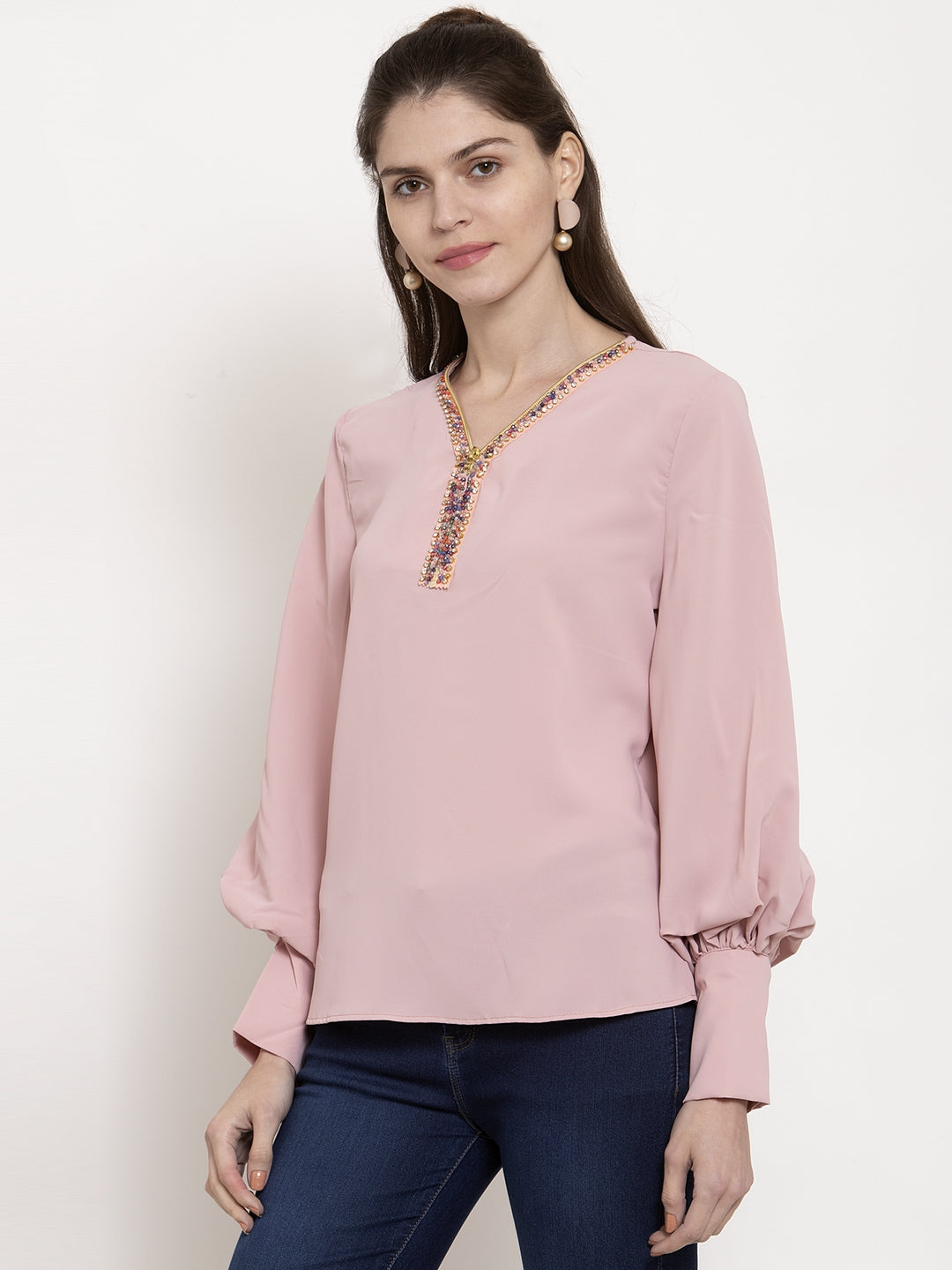 Ladies Pink Solid V-Neck Top