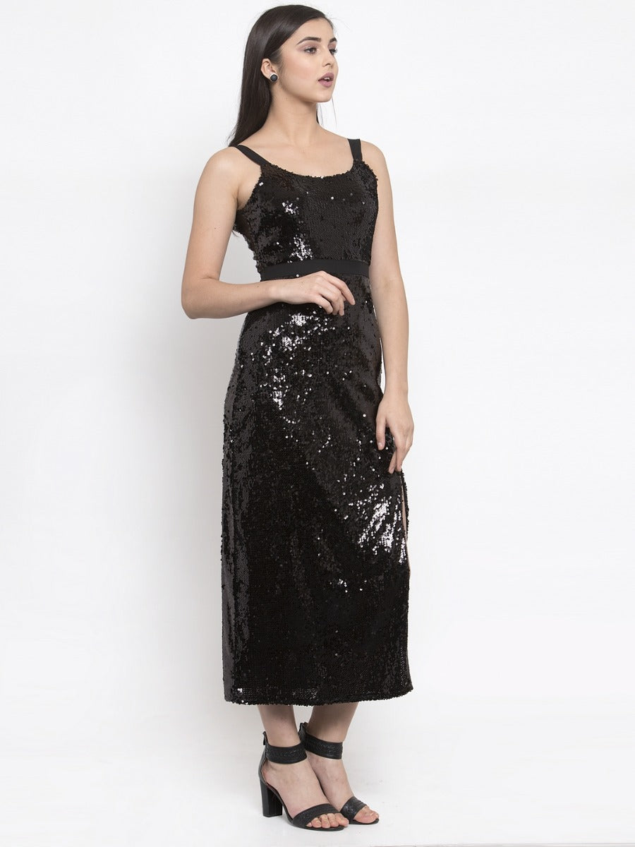 women sequinned black slim fit dress