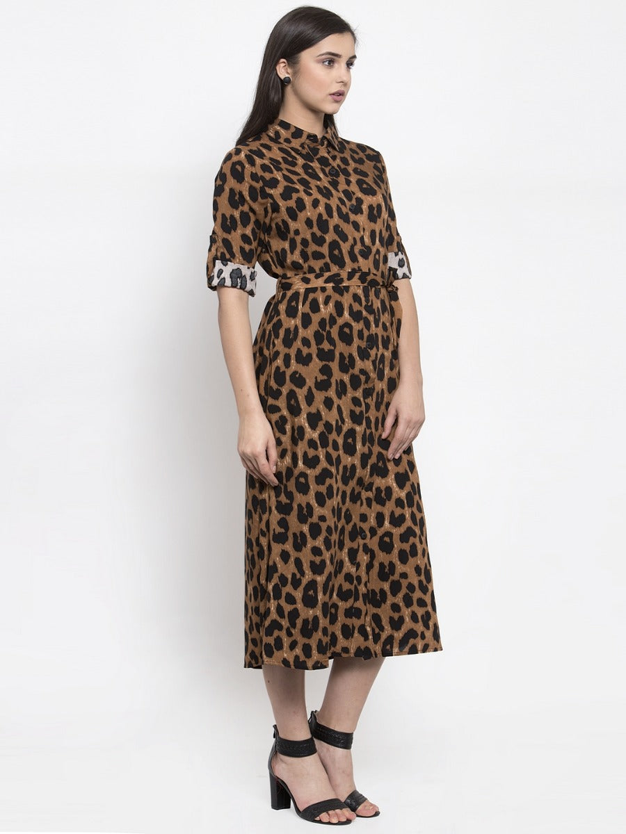 Women Animal Printed Shirt Collar Dress
