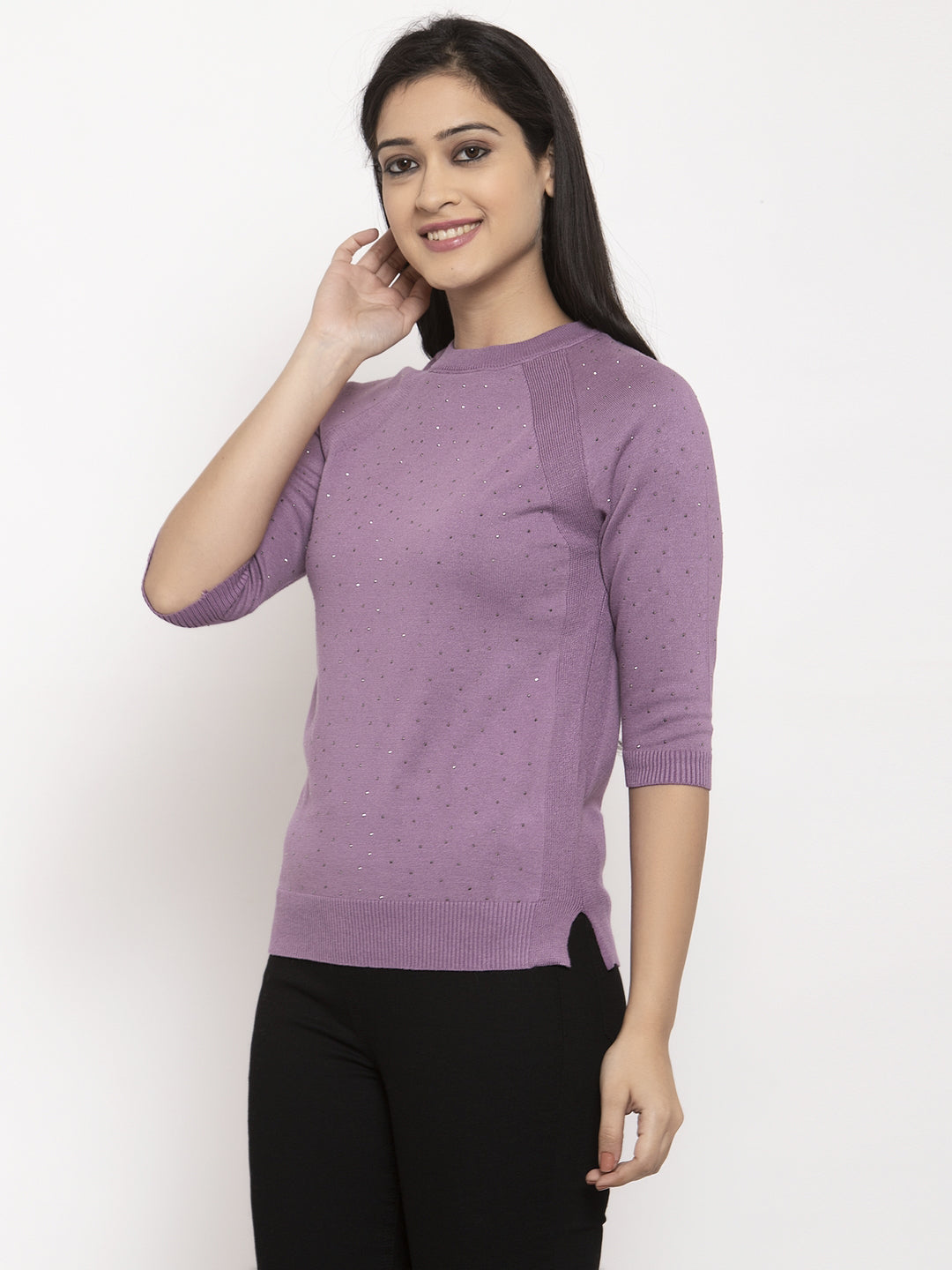 Women Purple Solid Round Neck Pullover