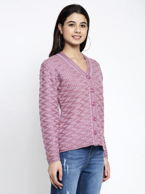 Women Purple V-Neck Embroidered Cardigan