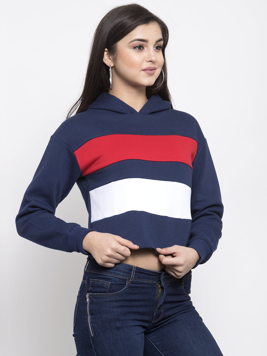 Women Navy Blue Hosiery Crop Length Sweatshirt