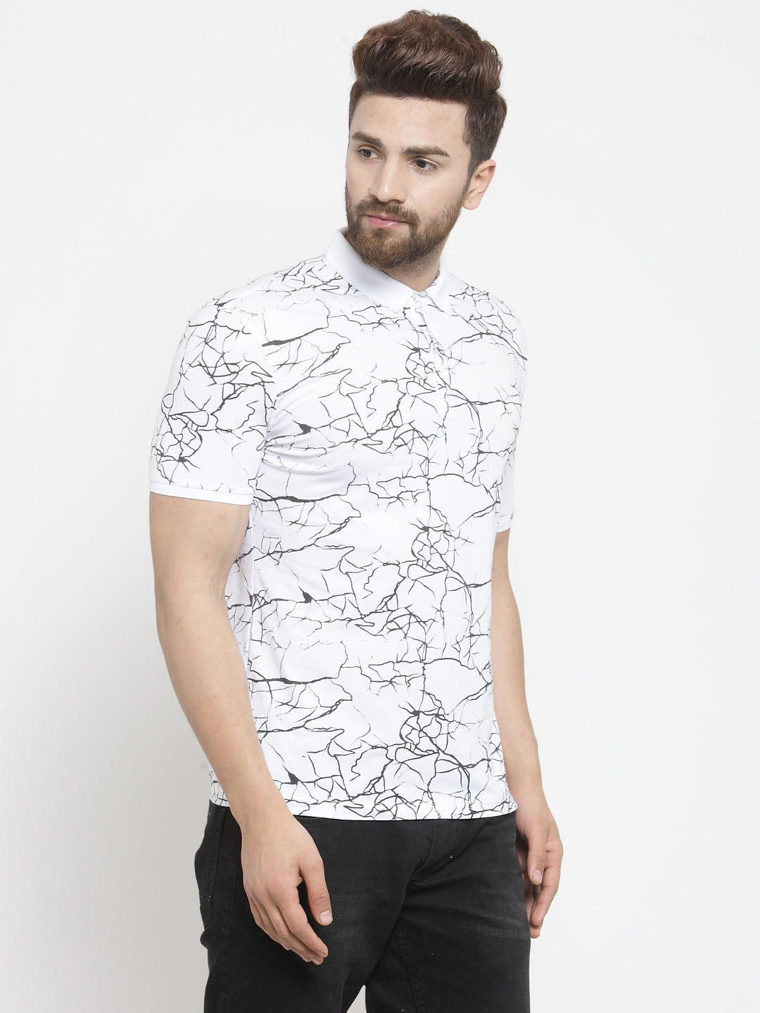 Men White Marble Printed Polo T-Shirt