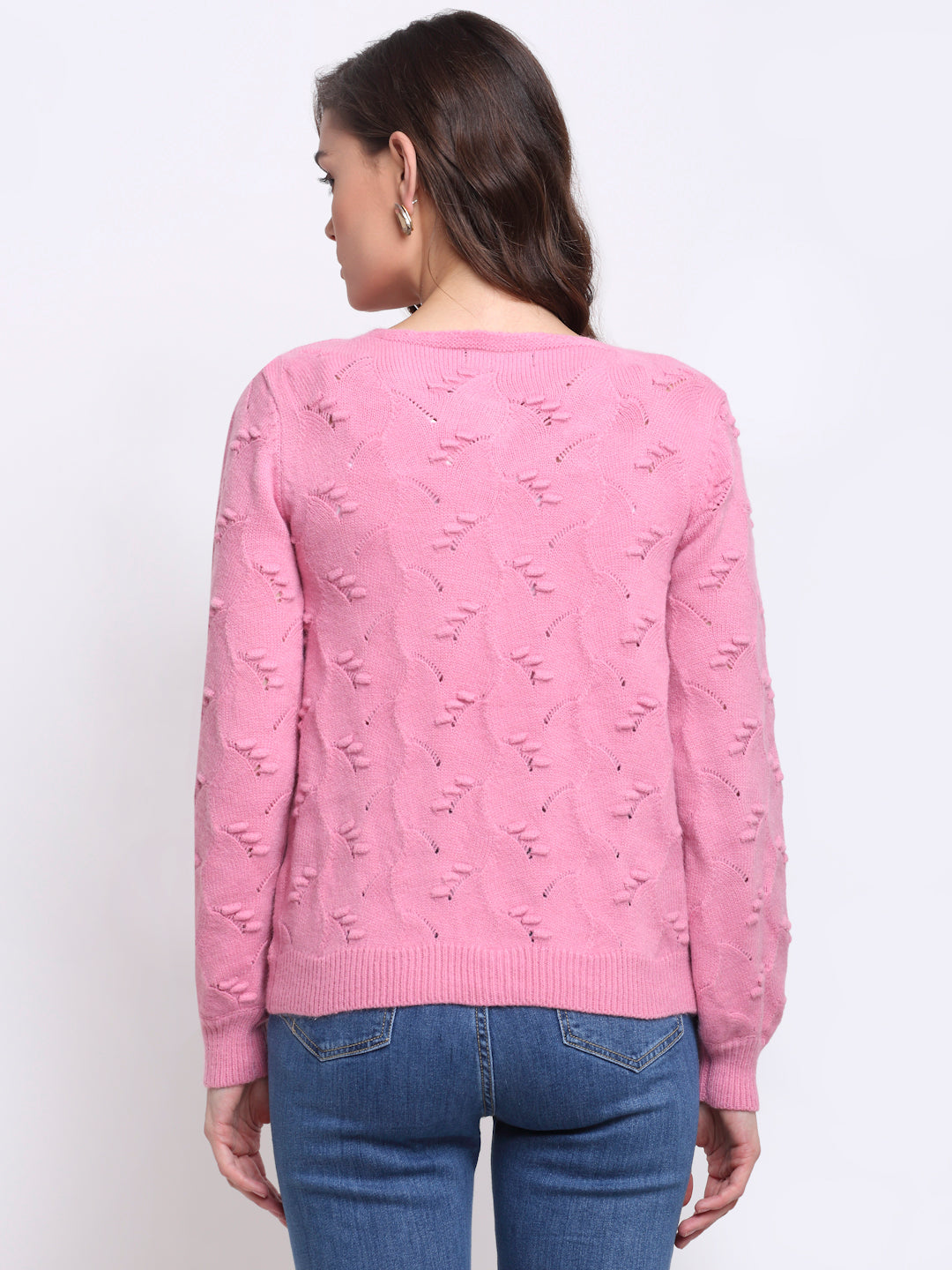 Women Pink Round Neck Solid Knitted Loose Fit Cardigan