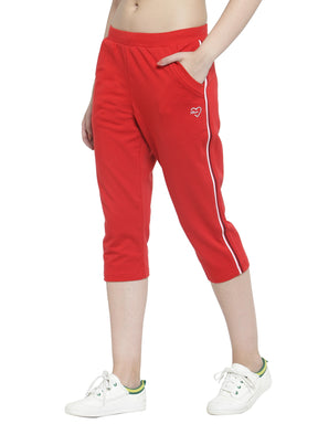 Women Red Slim Fit Capri With Side Stripe Detail