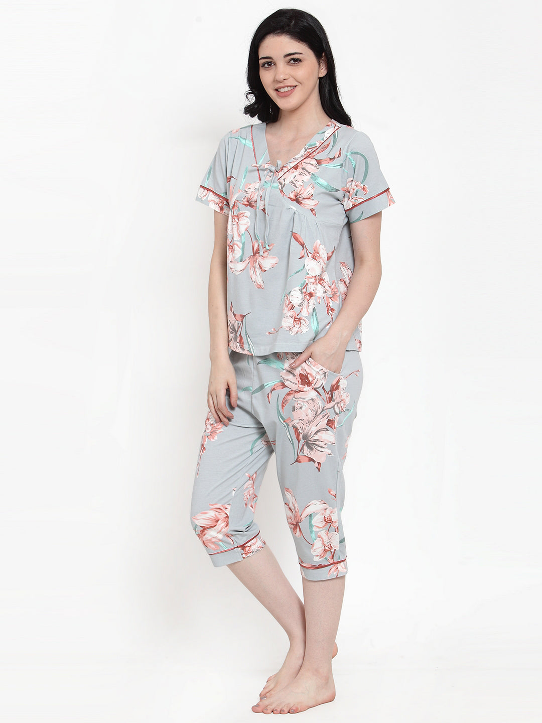Women Green Hosiery Printed Capri Night Suit