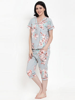 Women Green Hosiery Printed Capri Night Suit