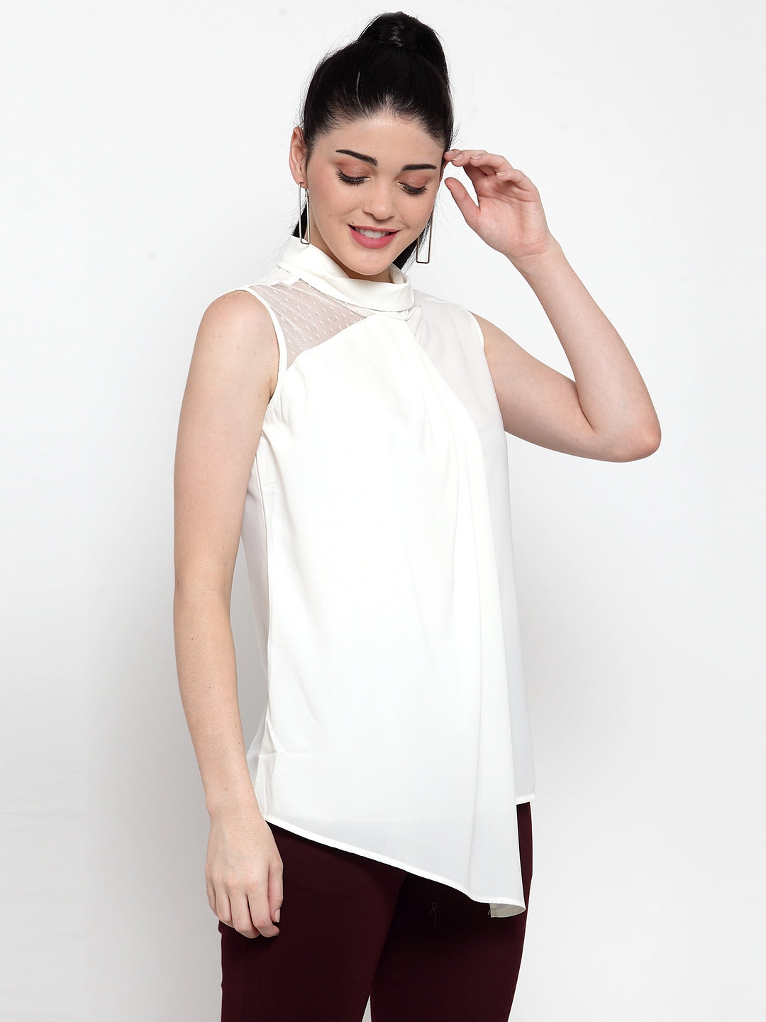 Women White Turtle Neck Asymmetric Hem Top