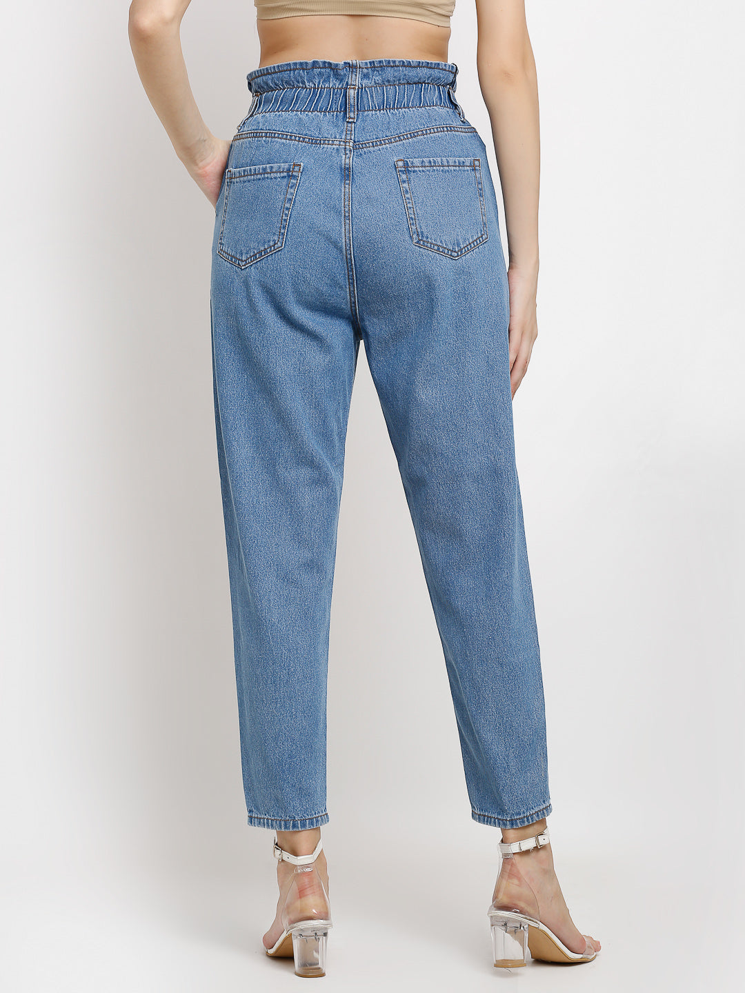 Women Loose Fit Paper Bag Blue Jeans