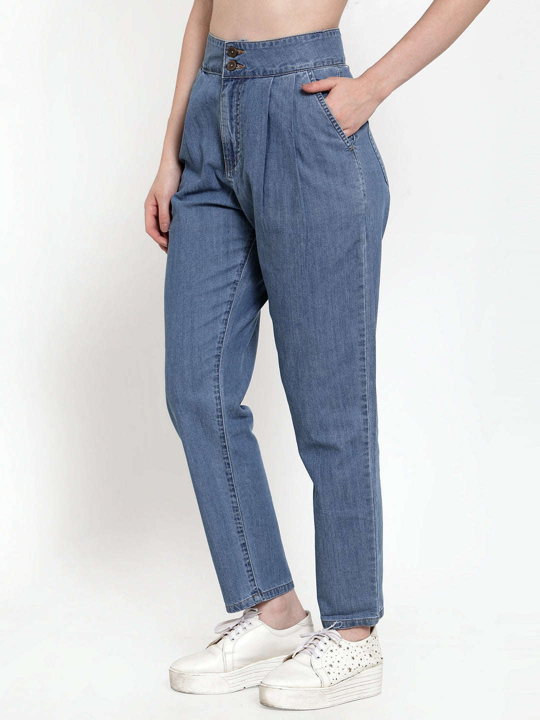 Women Blue Denim Solid Trouser