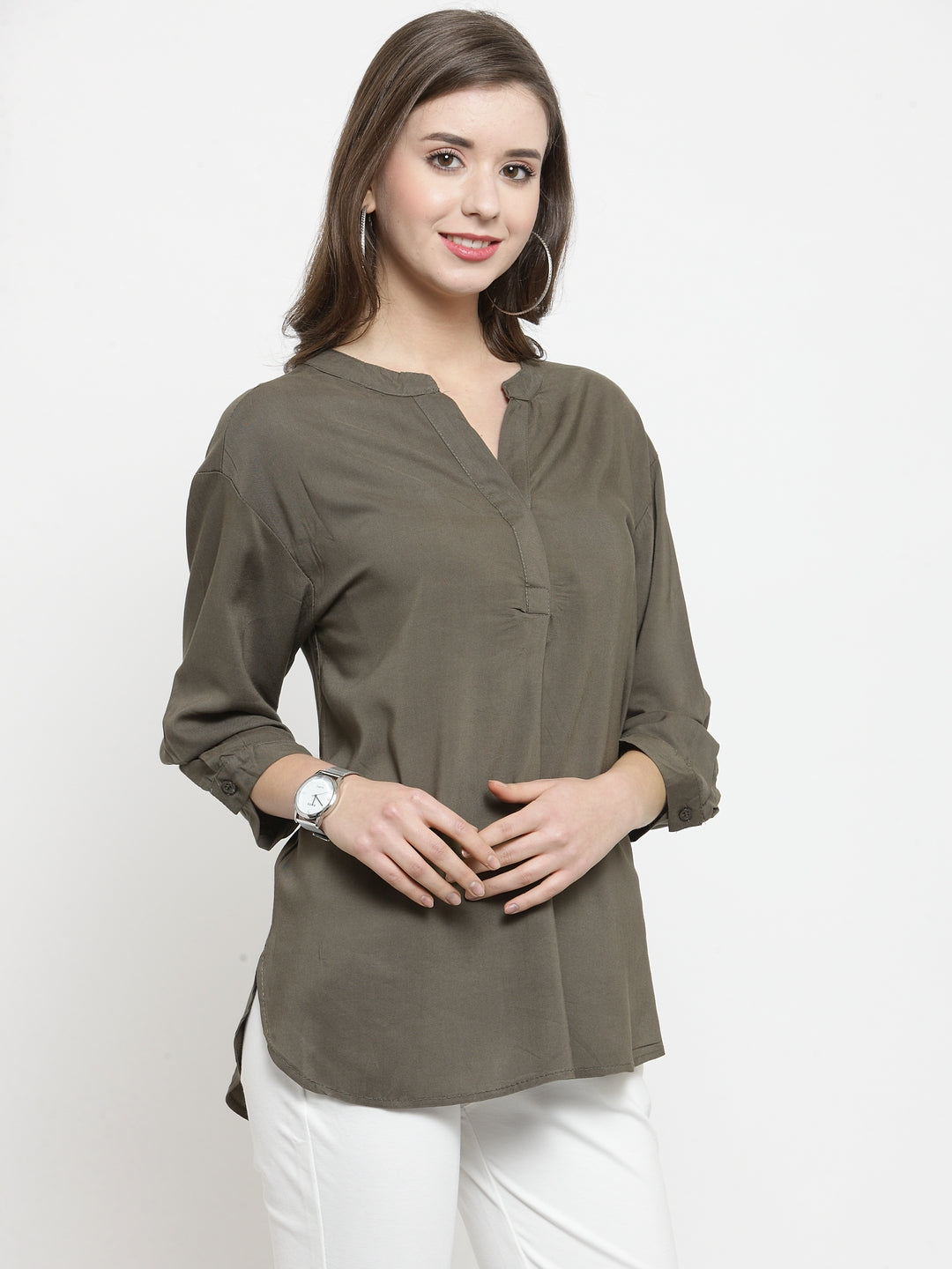 Women Solid Olive Green Relaxed Fit Top With Mandarin Collar