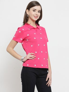 Women Pink Printed Collar Regular Fit T-Shirts