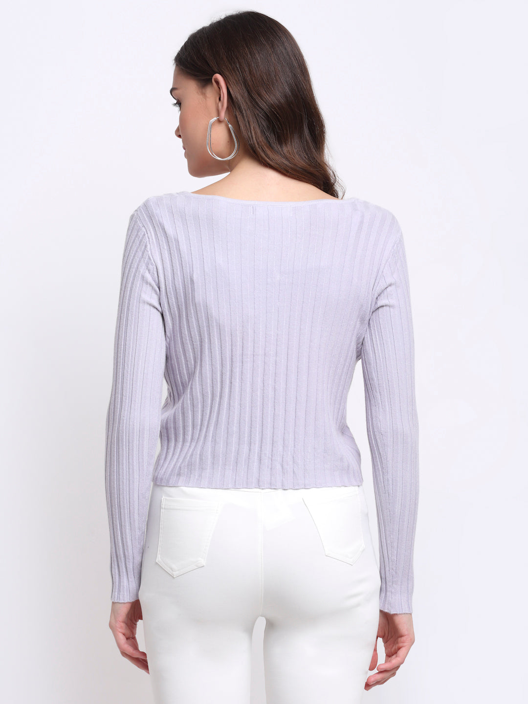 Women Purple Round With V-Neck Slim Fit Knitted Cardigan