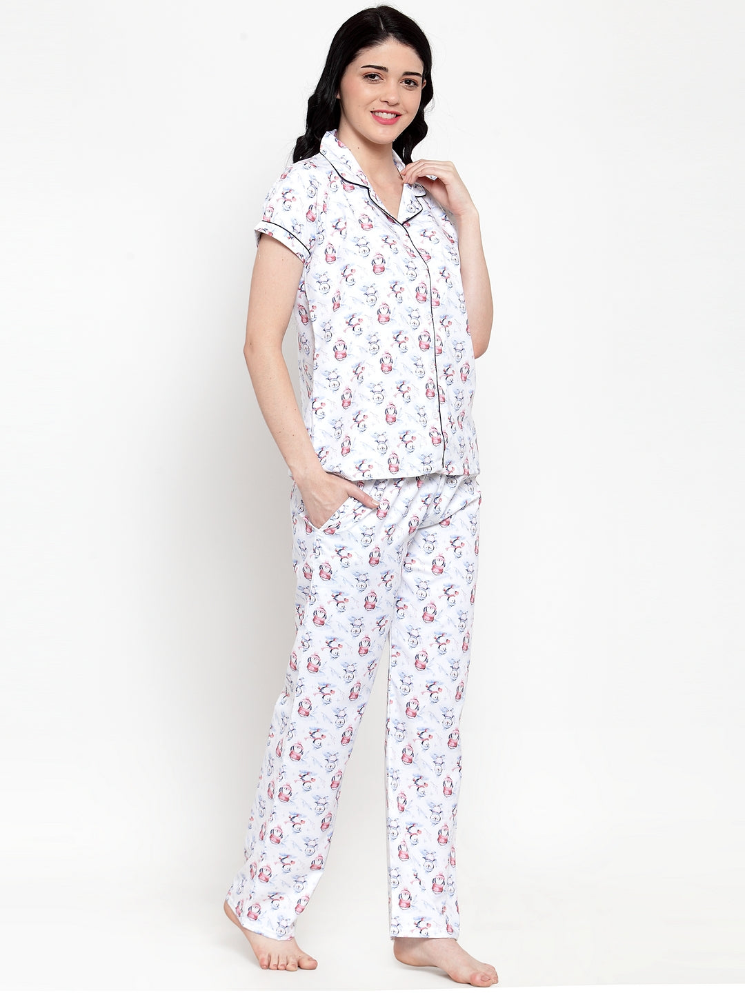 Women Cream Cotton Printed Night Suit Set