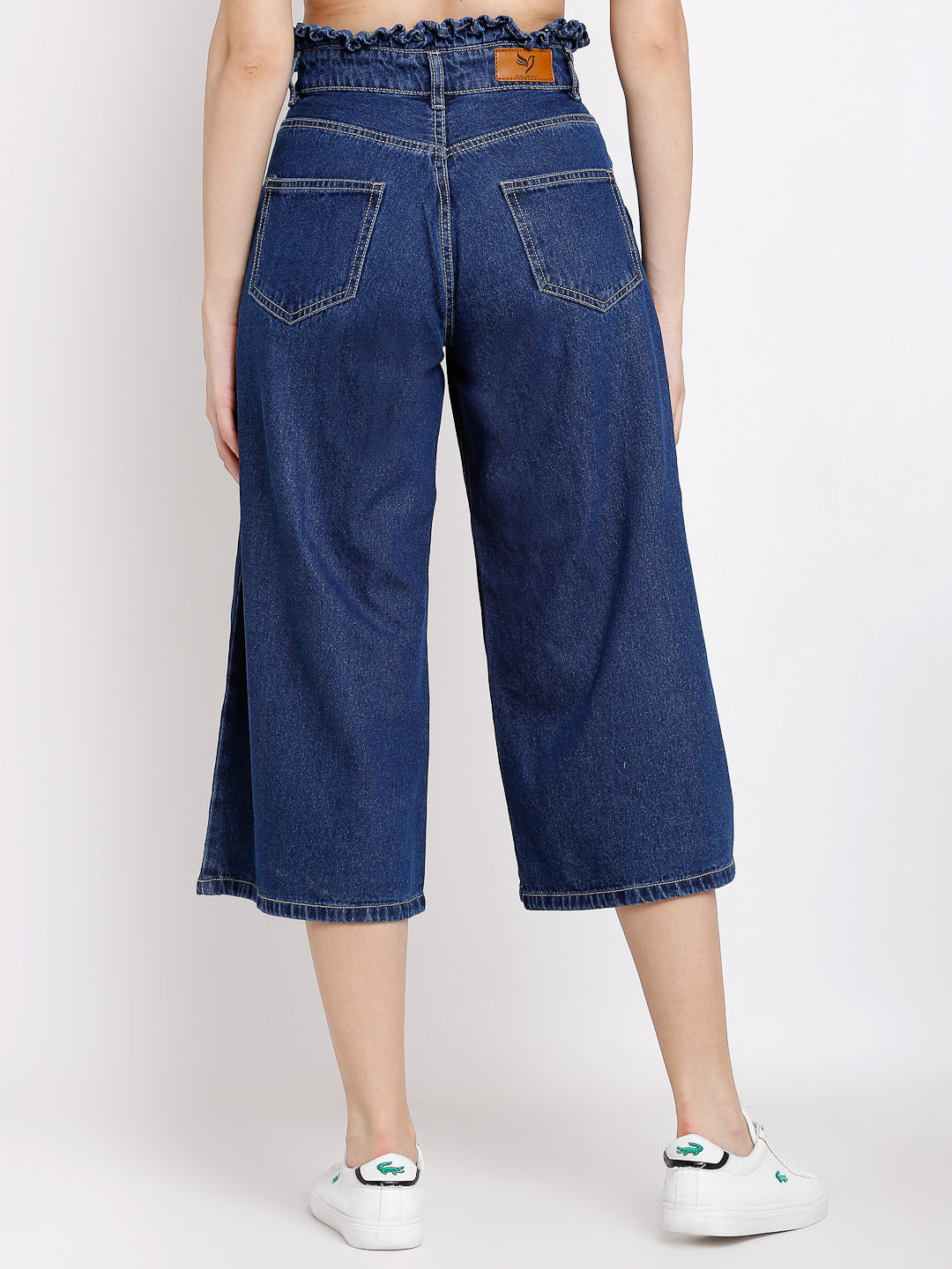 women blue denim solid calf length denim culottes