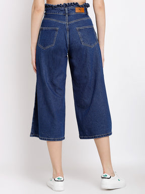 women blue denim solid calf length denim culottes